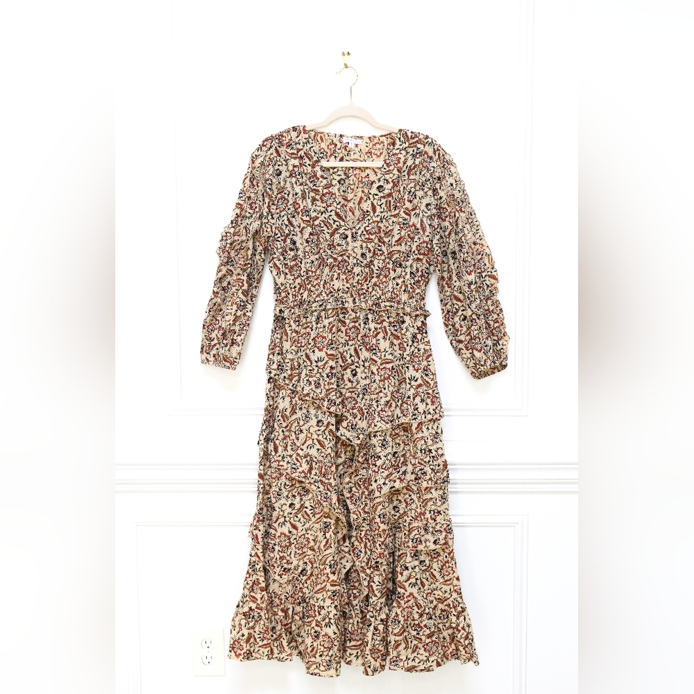 Anna Cate Size M Red & Tan Floral Louise Ruffle Tiered Midi A-Line Fall Dress
